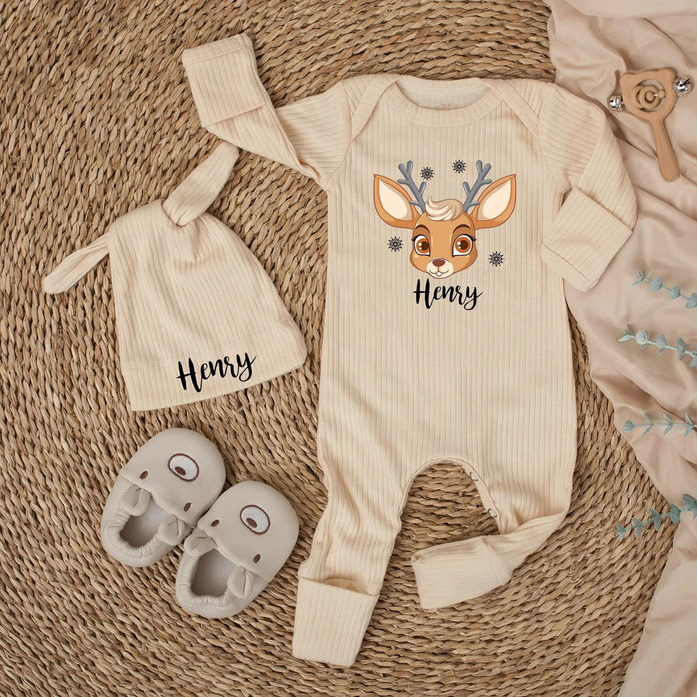 Personalized Baby Christmas Bodysuit with Cute Reindeer Design and Name, Soft Cotton Outfit for Infant Holiday Celebrations or Gifts