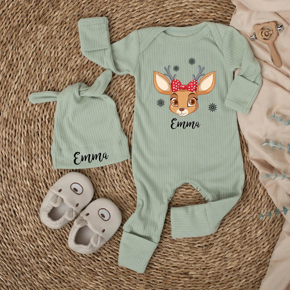 Personalized Baby Christmas Bodysuit with Cute Reindeer Design and Name, Soft Cotton Outfit for Infant Holiday Celebrations or Gifts
