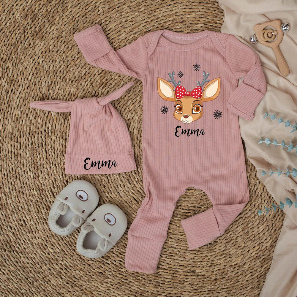 Personalized Baby Christmas Bodysuit with Cute Reindeer Design and Name, Soft Cotton Outfit for Infant Holiday Celebrations or Gifts