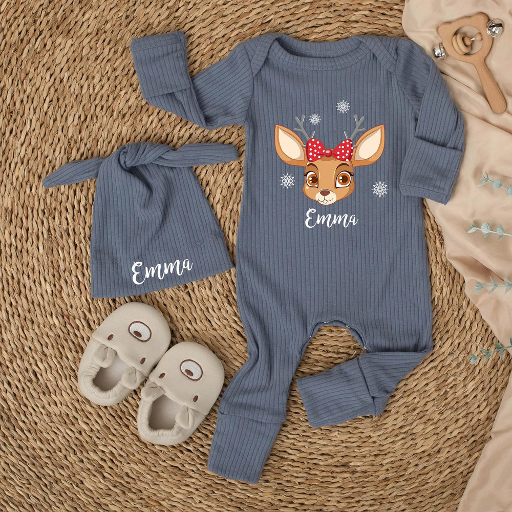 Personalized Baby Christmas Bodysuit with Cute Reindeer Design and Name, Soft Cotton Outfit for Infant Holiday Celebrations or Gifts