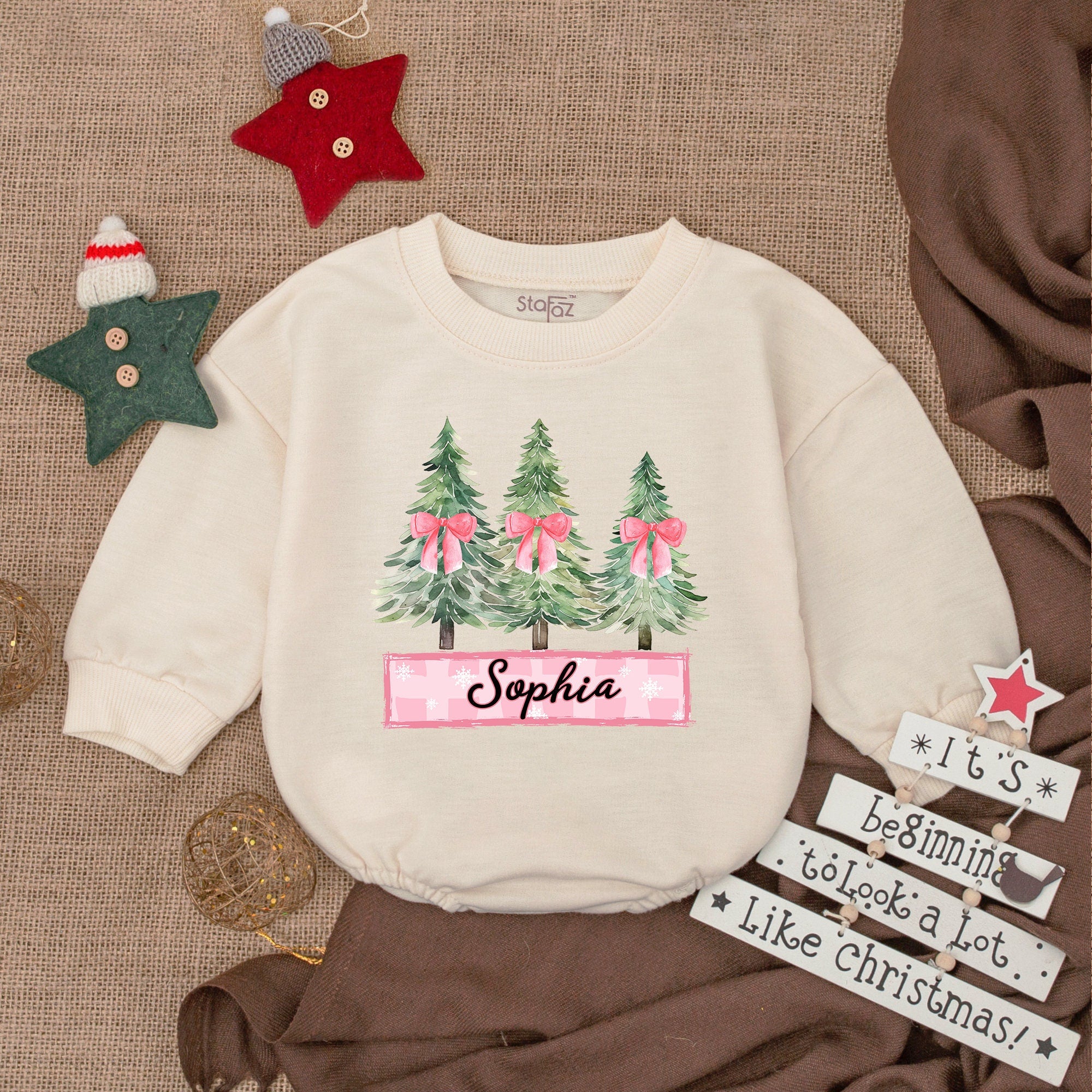 Personalized Baby Christmas Romper with Pink Bow Trees Custom Name Holiday Bodysuit Cozy Cotton Outfit for Infant Girls First Christmas