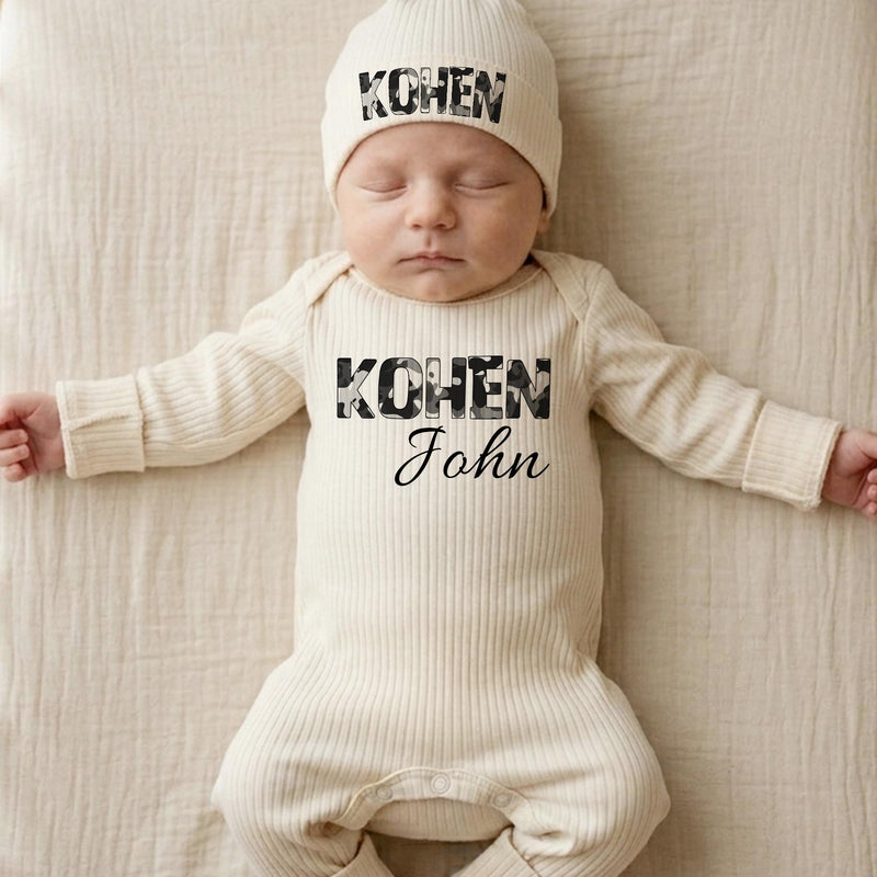 Personalized Baby Coming Home Outfit with Camo Name Design, Newborn Boy Hospital Take-Home Gift, Soft Cotton Custom Name Baby Clothes