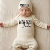 Personalized Baby Coming Home Outfit with Checkered Name Design Stylish Newborn Hospital Announcement Gift Soft Cotton Monochrome Look