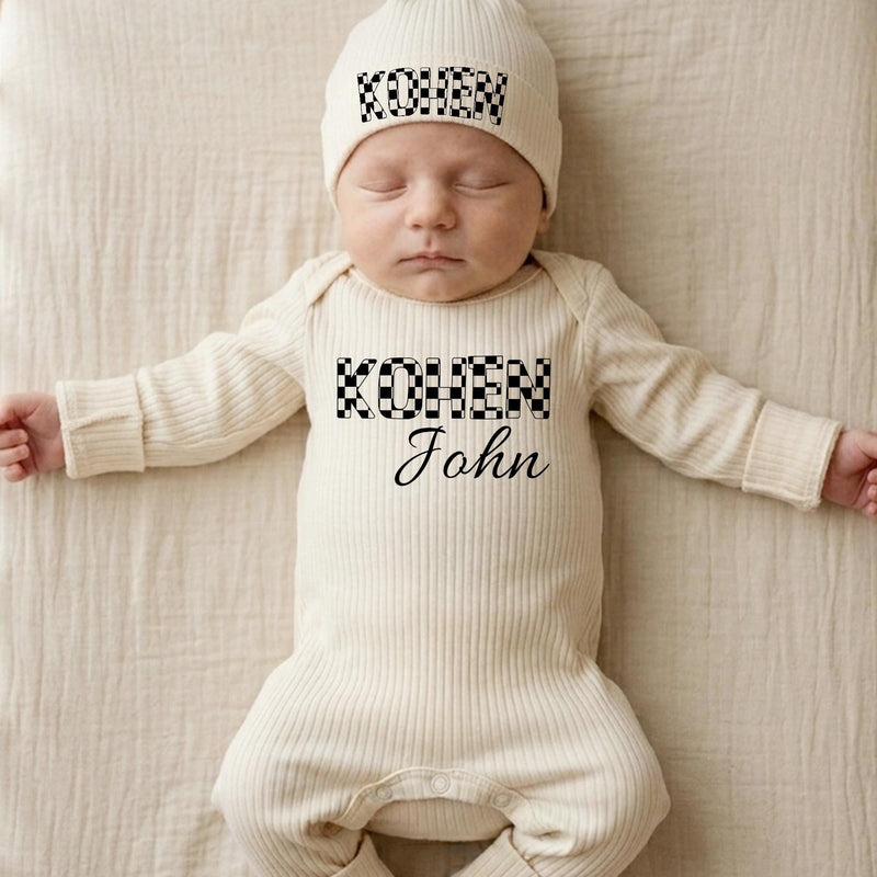 Personalized Baby Coming Home Outfit with Checkered Name Design Stylish Newborn Hospital Announcement Gift Soft Cotton Monochrome Look