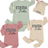 Personalized Baby Coming Home Outfit with Checkered Name Design Stylish Newborn Hospital Announcement Gift Soft Cotton Monochrome Look