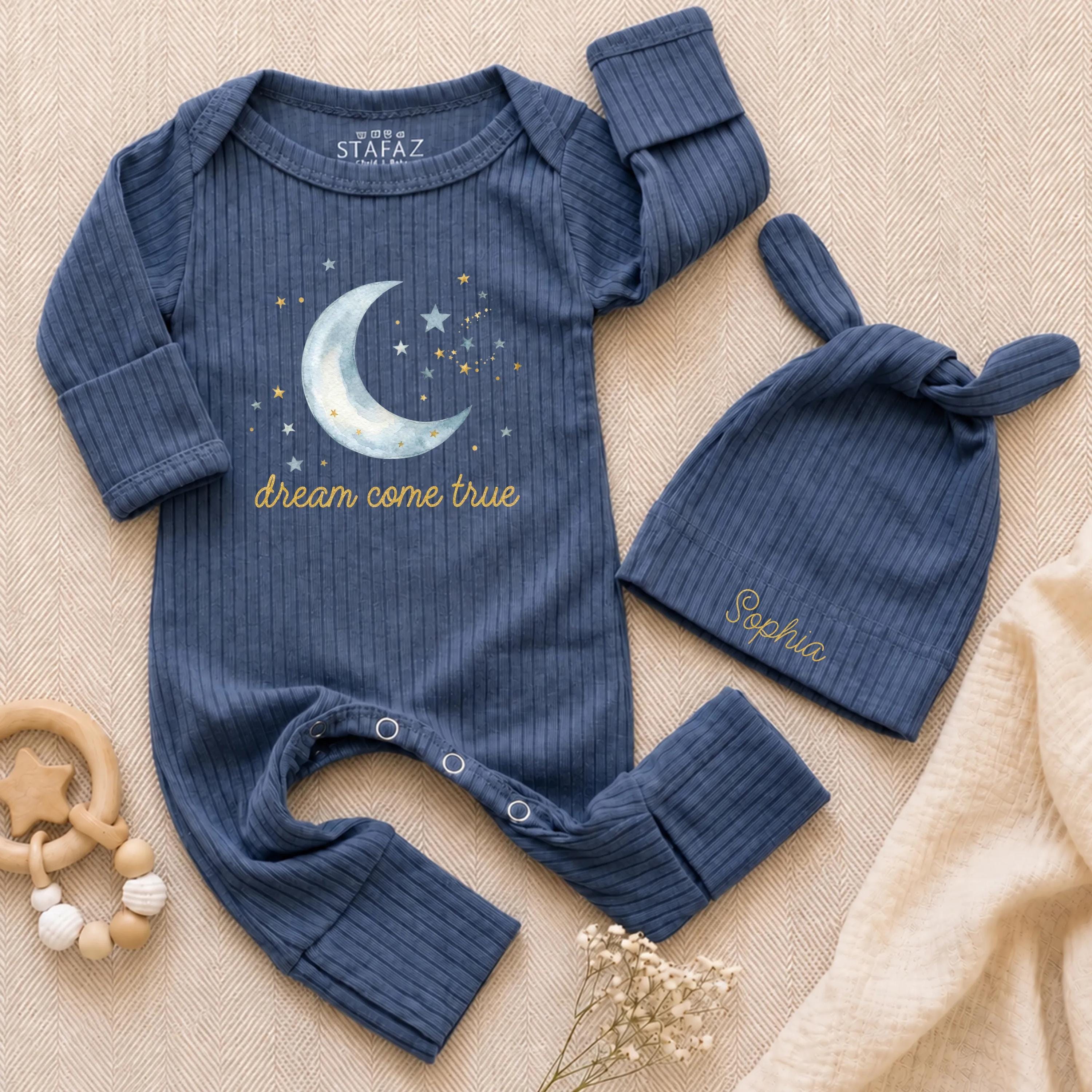 Personalized Baby Coming Home Outfit - Ribbed Long Sleeve Romper & Hat Set with Moon & Stars Artwork - Custom Soft Cotton Newborn Gift