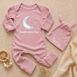 Personalized Baby Coming Home Outfit - Ribbed Long Sleeve Romper & Hat Set with Moon & Stars Artwork - Custom Soft Cotton Newborn Gift