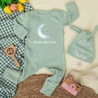 Personalized Baby Coming Home Outfit - Ribbed Long Sleeve Romper & Hat Set with Moon & Stars Artwork - Custom Soft Cotton Newborn Gift