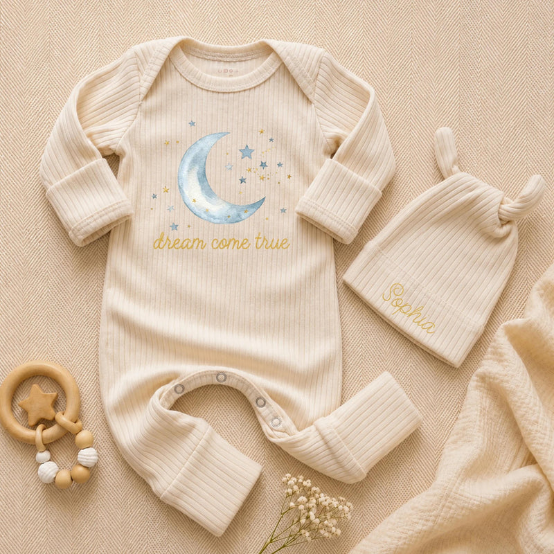 Personalized Baby Coming Home Outfit - Ribbed Long Sleeve Romper & Hat Set with Moon & Stars Artwork - Custom Soft Cotton Newborn Gift