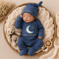 Personalized Baby Coming Home Outfit - Ribbed Long Sleeve Romper & Hat Set with Moon & Stars Artwork - Custom Soft Cotton Newborn Gift