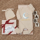 Personalized Baby Coming Home Outfit - Ribbed Long Sleeve Romper & Hat Set with Moon & Stars Artwork - Custom Soft Cotton Newborn Gift
