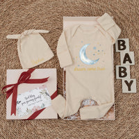 Personalized Baby Coming Home Outfit - Ribbed Long Sleeve Romper & Hat Set with Moon & Stars Artwork - Custom Soft Cotton Newborn Gift
