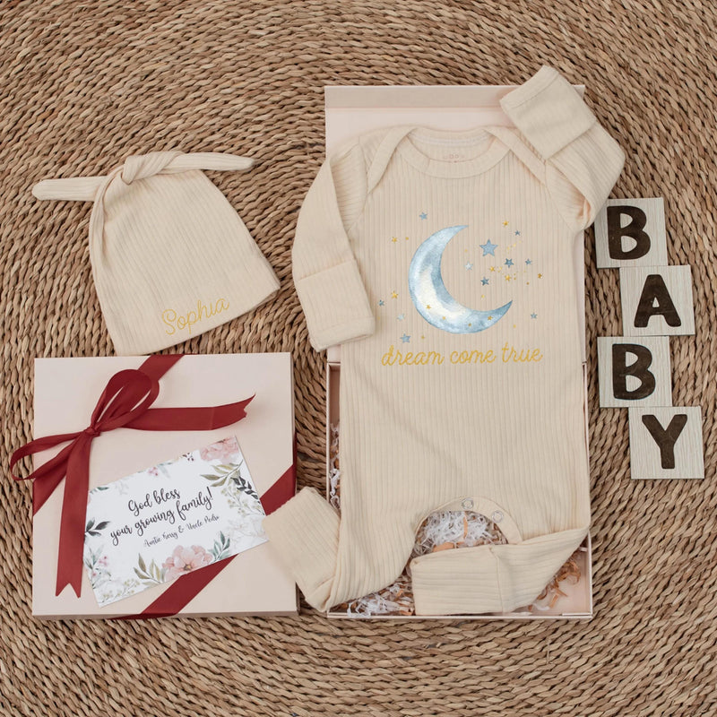 Personalized Baby Coming Home Outfit - Ribbed Long Sleeve Romper & Hat Set with Moon & Stars Artwork - Custom Soft Cotton Newborn Gift