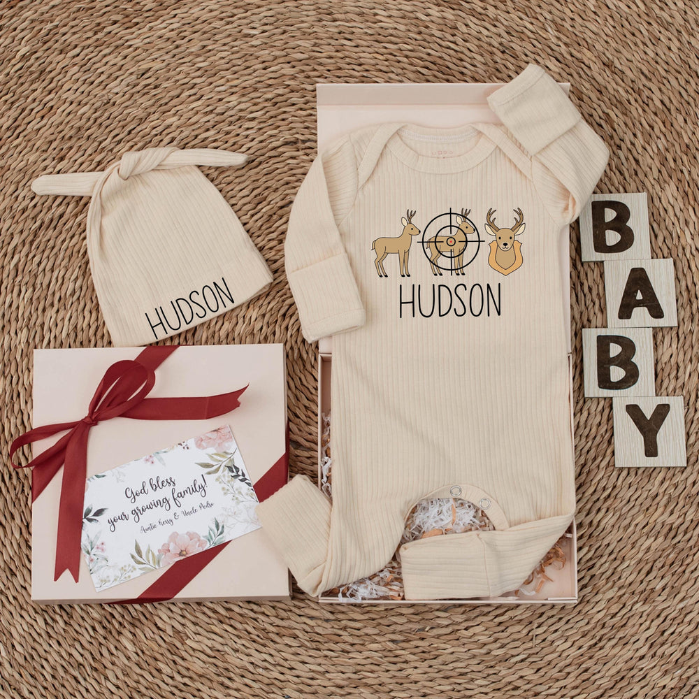 Personalized Baby Deer Hunting Outfit with Custom Name Hudson Design Newborn Bodysuit Baby Boy Clothes Gift for Hunting Season