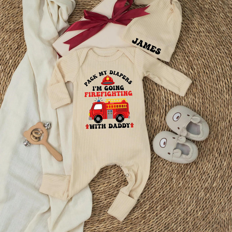 Personalized Baby Firefighting Outfit Pack My Diapers Tee with Firetruck Design Funny Cotton Newborn Gift for Dad and Baby Bonding