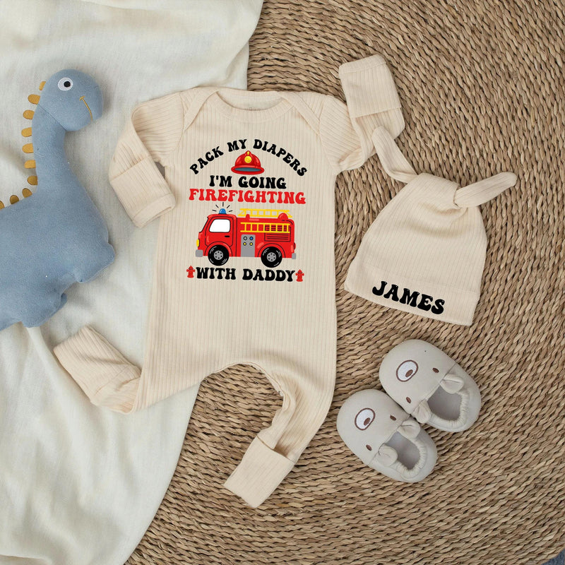 Personalized Baby Firefighting Outfit Pack My Diapers Tee with Firetruck Design Funny Cotton Newborn Gift for Dad and Baby Bonding