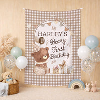 Personalized Baby First Birthday Outfit with Bear Design Silk Banner and Custom Name Bubble Romper Soft Neutral Colors Party Gift