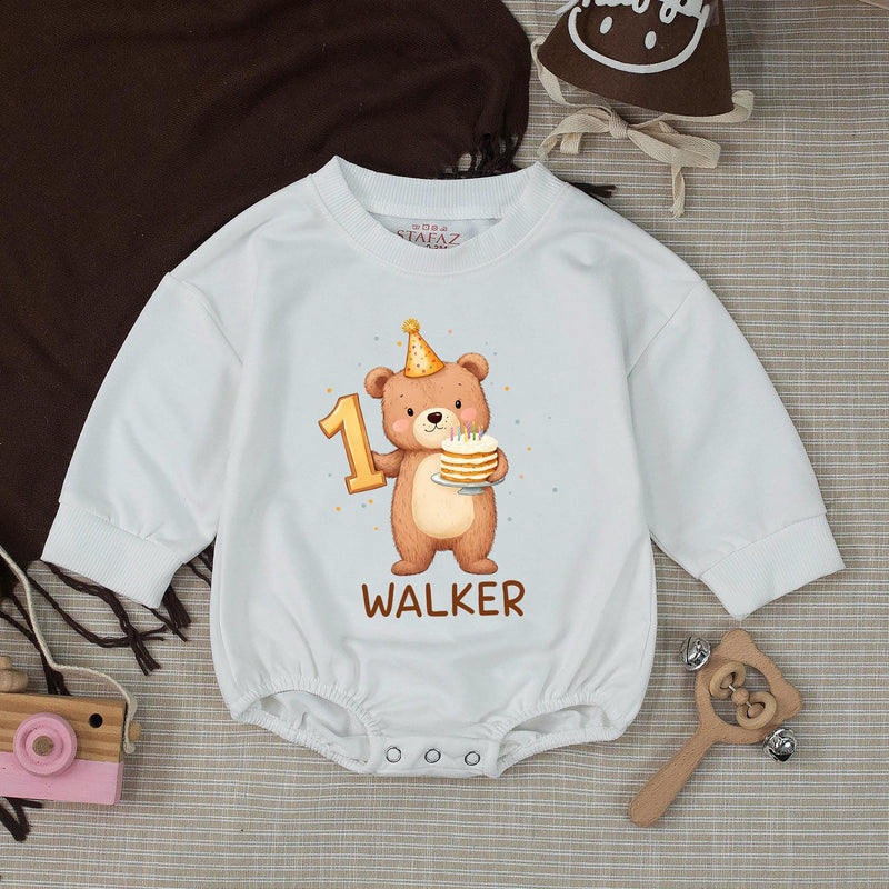 Personalized Baby First Birthday Outfit with Bear Design Silk Banner and Custom Name Bubble Romper Soft Neutral Colors Party Gift