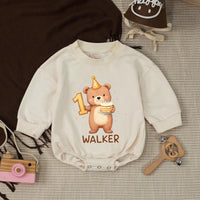 Personalized Baby First Birthday Outfit with Bear Design Silk Banner and Custom Name Bubble Romper Soft Neutral Colors Party Gift