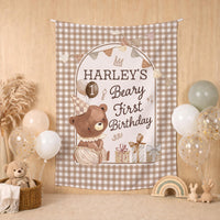Personalized Baby First Birthday Outfit with Bear Design Silk Banner and Custom Name Bubble Romper Soft Neutral Colors Party Gift