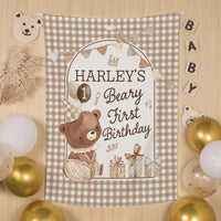 Personalized Baby First Birthday Outfit with Bear Design Silk Banner and Custom Name Bubble Romper Soft Neutral Colors Party Gift
