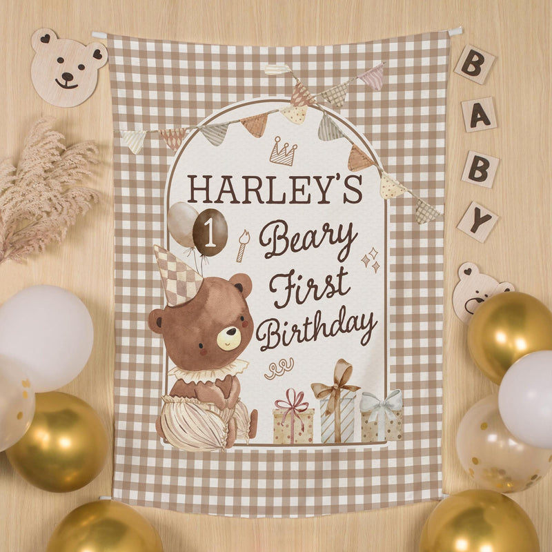 Personalized Baby First Birthday Outfit with Bear Design Silk Banner and Custom Name Bubble Romper Soft Neutral Colors Party Gift
