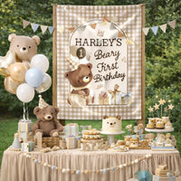 Personalized Baby First Birthday Outfit with Bear Design Silk Banner and Custom Name Bubble Romper Soft Neutral Colors Party Gift