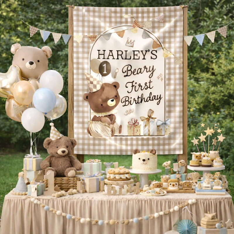 Personalized Baby First Birthday Outfit with Bear Design Silk Banner and Custom Name Bubble Romper Soft Neutral Colors Party Gift