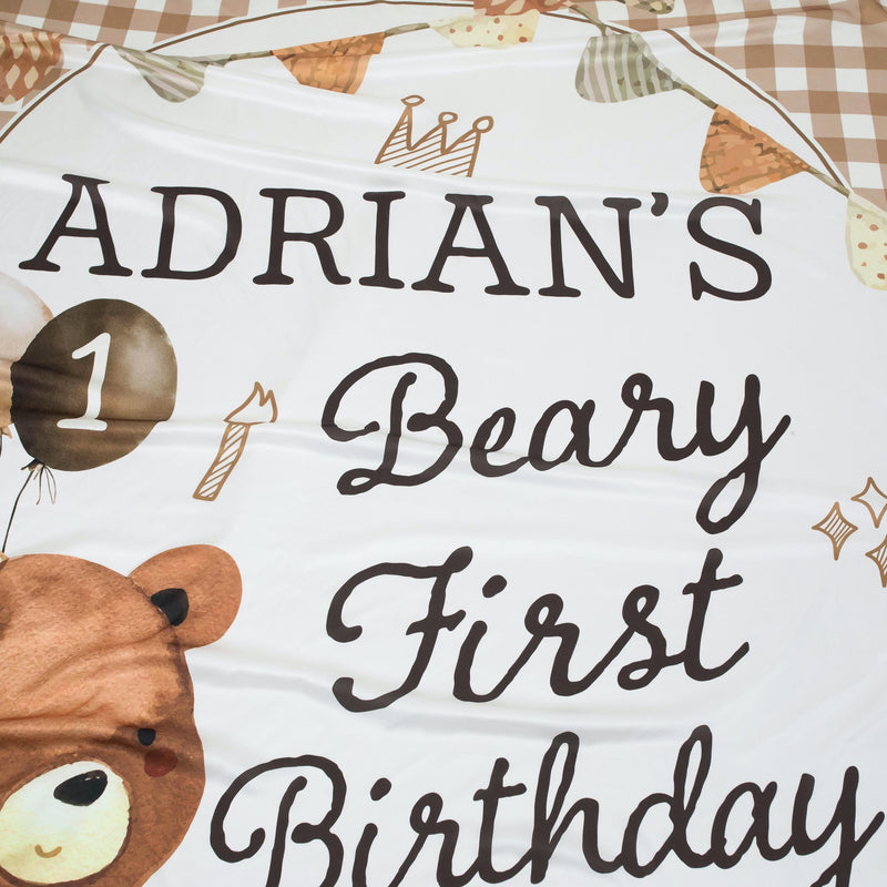 Personalized Baby First Birthday Outfit with Bear Design Silk Banner and Custom Name Bubble Romper Soft Neutral Colors Party Gift