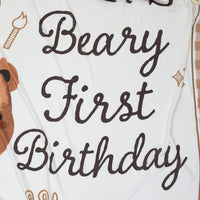 Personalized Baby First Birthday Outfit with Bear Design Silk Banner and Custom Name Bubble Romper Soft Neutral Colors Party Gift