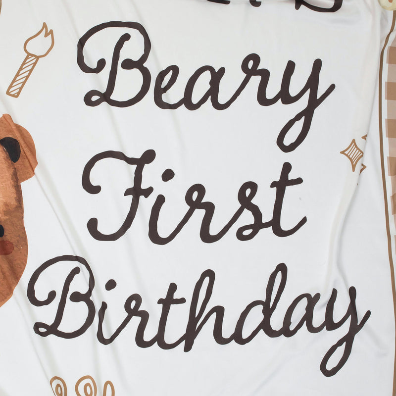 Personalized Baby First Birthday Outfit with Bear Design Silk Banner and Custom Name Bubble Romper Soft Neutral Colors Party Gift
