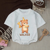 Personalized Baby First Birthday Outfit with Bear Design Silk Banner and Custom Name Bubble Romper Soft Neutral Colors Party Gift