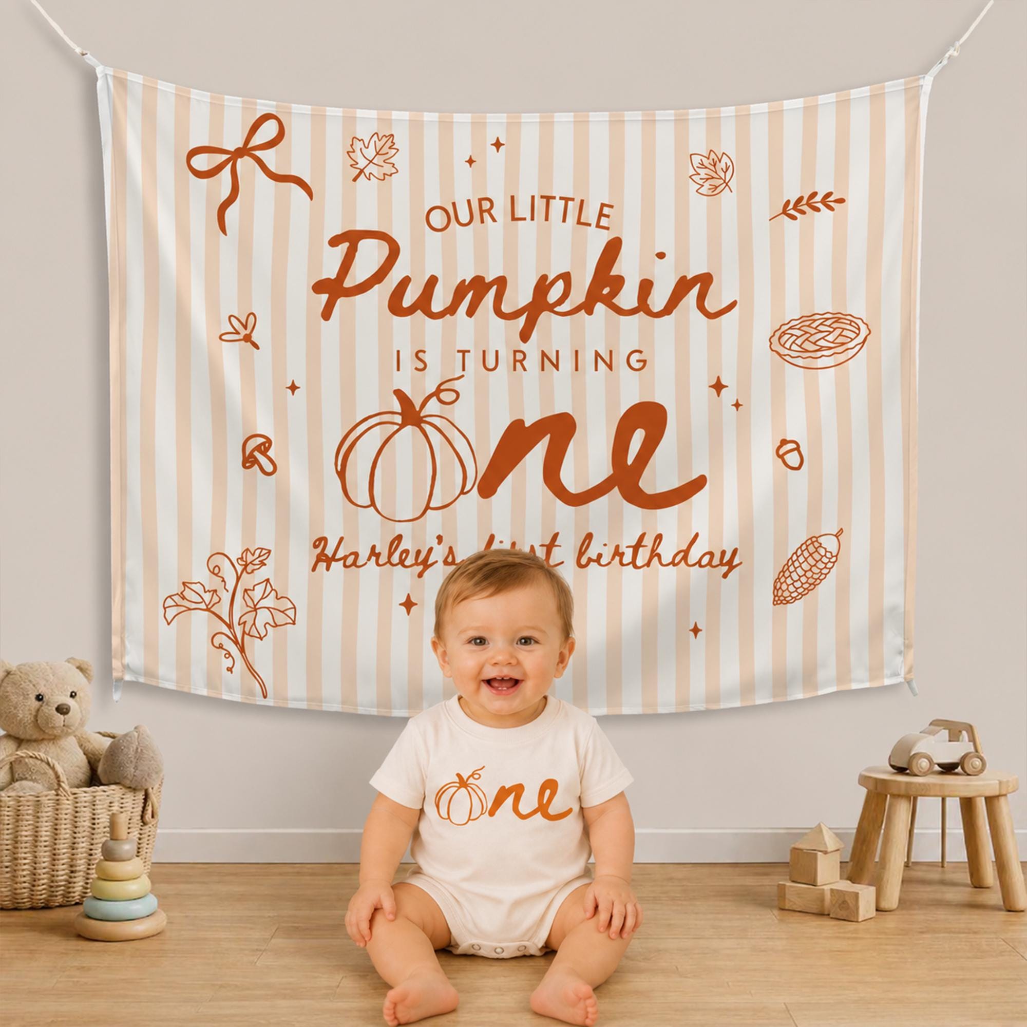 Personalized Baby First Birthday Romper and Silk Backdrop Set with Pumpkin One Design Custom Fall Party Decoration for Toddler Boy or Girl