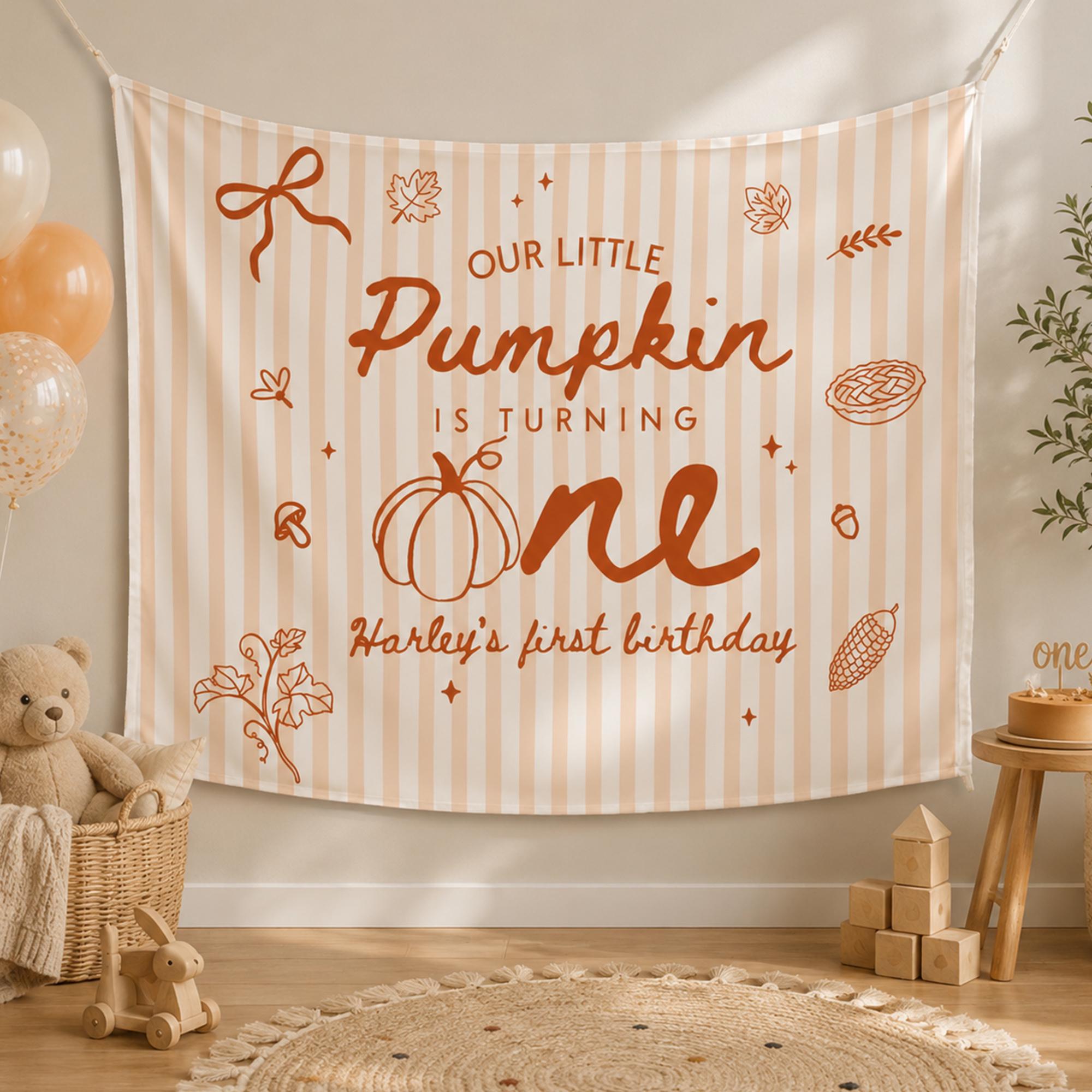 Personalized Baby First Birthday Romper and Silk Backdrop Set with Pumpkin One Design Custom Fall Party Decoration for Toddler Boy or Girl