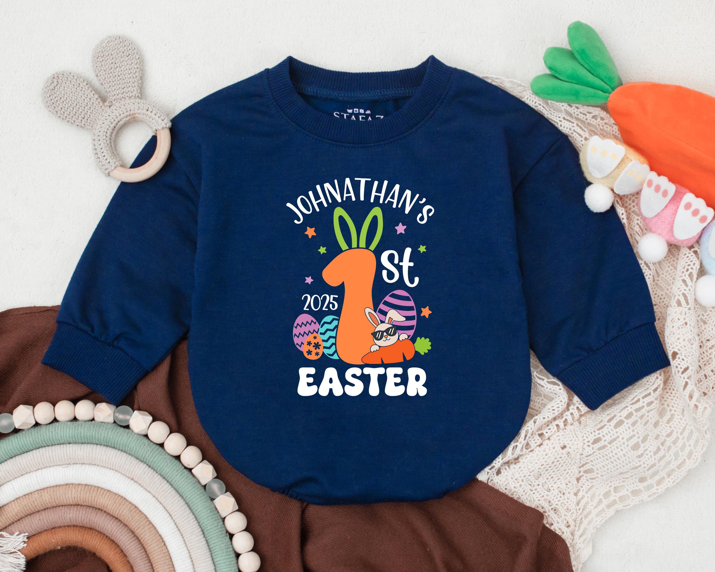 Personalized Baby First Easter Romper with Bunny Ears and Eggs Vibrant Outfit for Boys Girls Spring Celebration 2025 Gift
