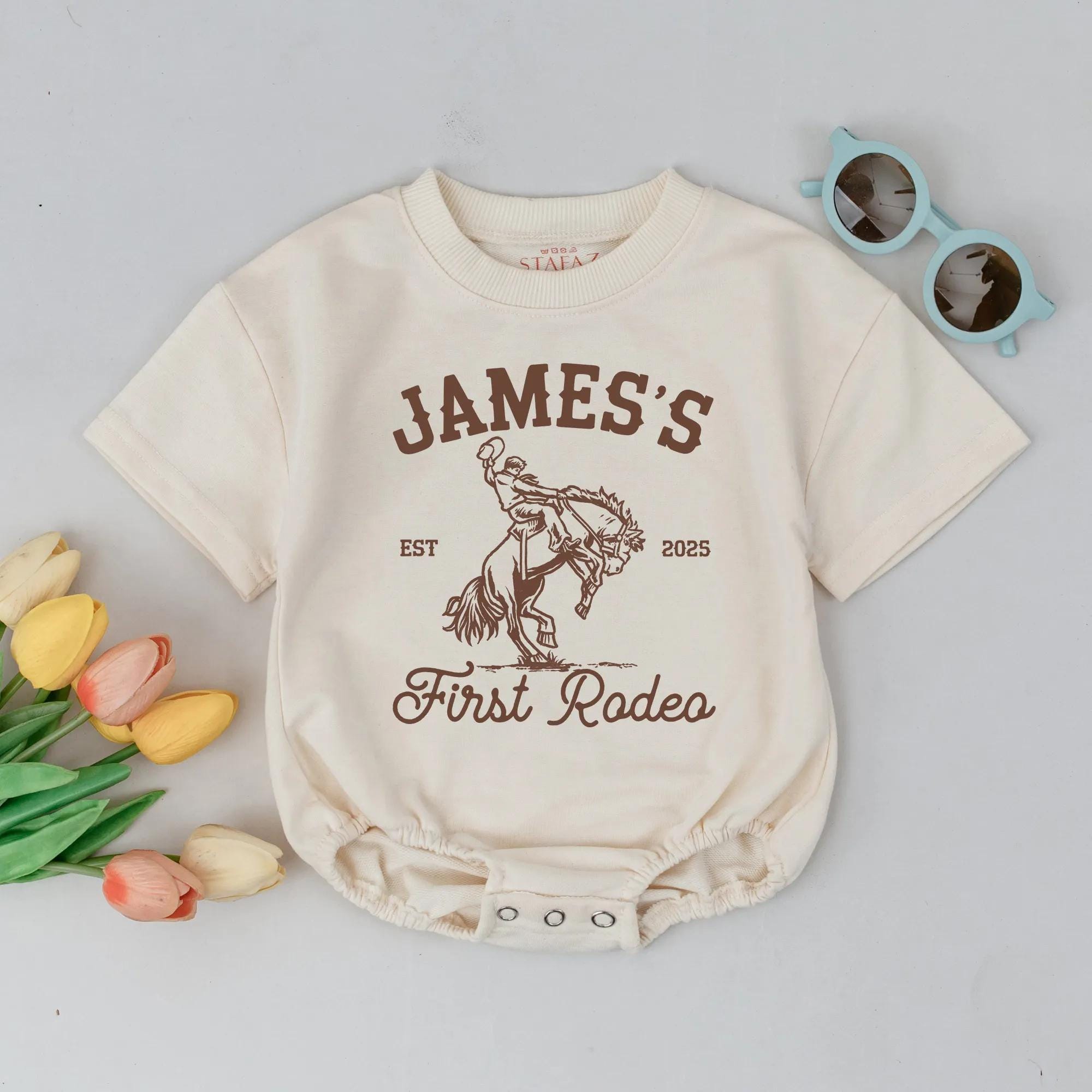 Personalized Baby First Rodeo Romper with Name and Year Western Cowboy Birthday Outfit for Toddler Boy Special 1st Party Gift