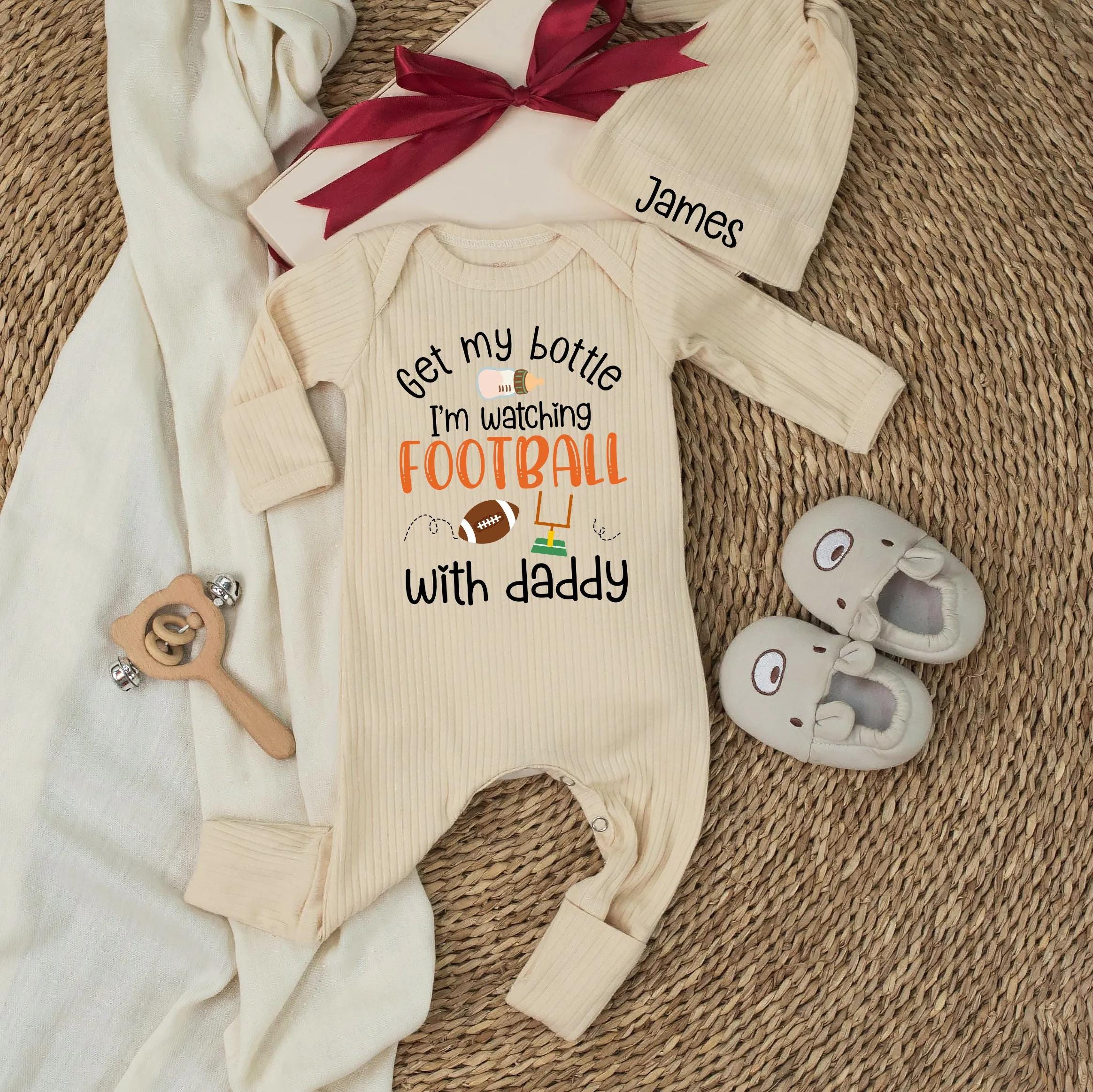 Personalized Baby Football Bodysuit - Get My Bottle I'm Watching Football with Daddy Outfit, Soft Cotton Newborn Gift for Baby Showers