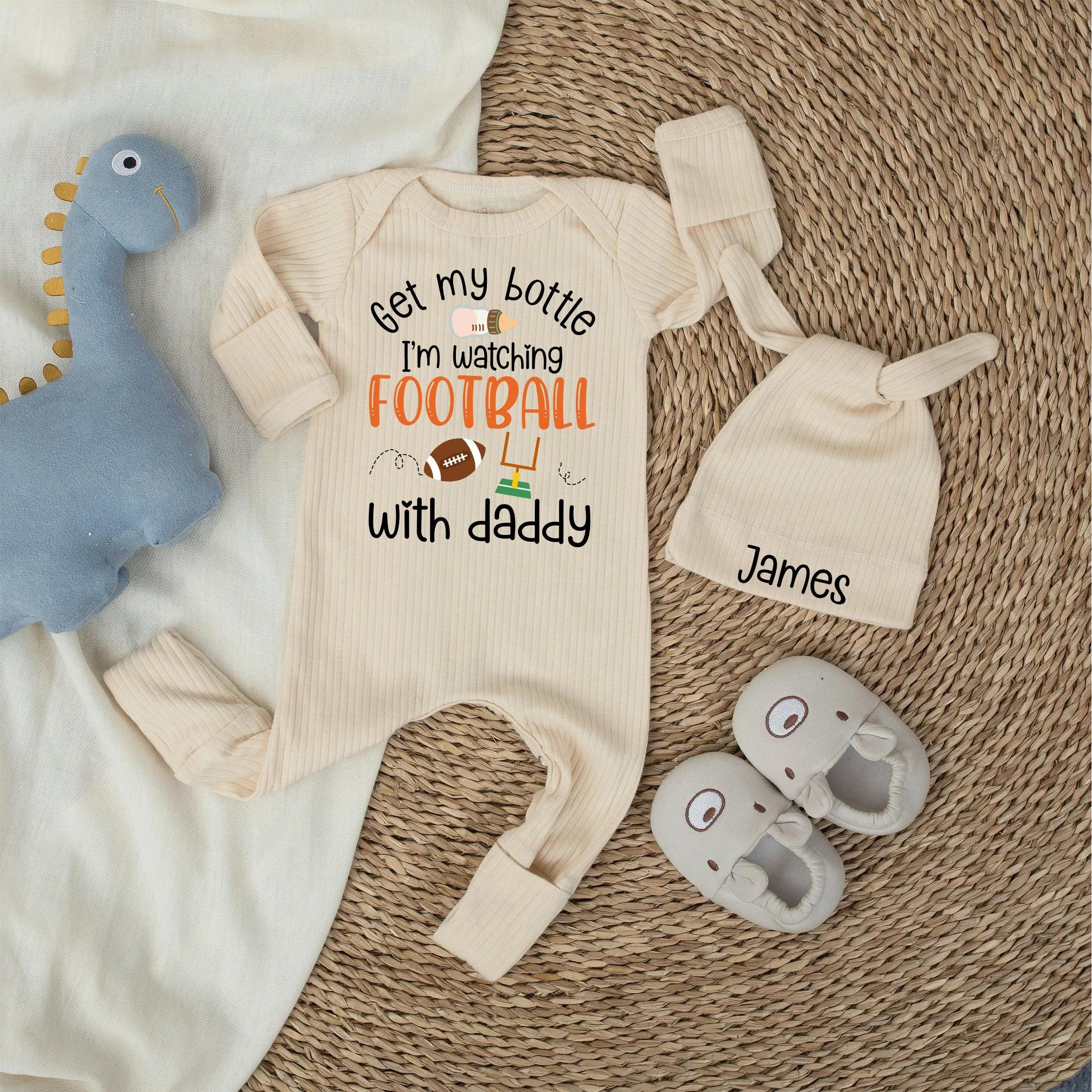 Personalized Baby Football Bodysuit - Get My Bottle I'm Watching Football with Daddy Outfit, Soft Cotton Newborn Gift for Baby Showers