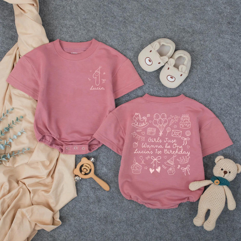 Personalized Baby Girl 1st Birthday Romper, Girls Just Wanna Be One Outfit, Custom Name Soft Cotton Short/Long Sleeve Baby Bodysuit