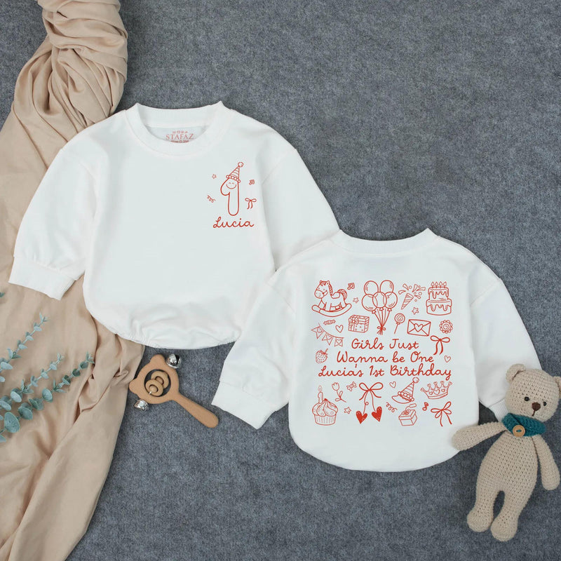 Personalized Baby Girl 1st Birthday Romper, Girls Just Wanna Be One Outfit, Custom Name Soft Cotton Short/Long Sleeve Baby Bodysuit