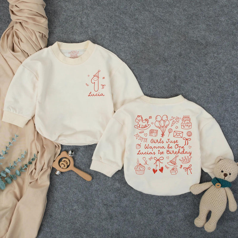 Personalized Baby Girl 1st Birthday Romper, Girls Just Wanna Be One Outfit, Custom Name Soft Cotton Short/Long Sleeve Baby Bodysuit