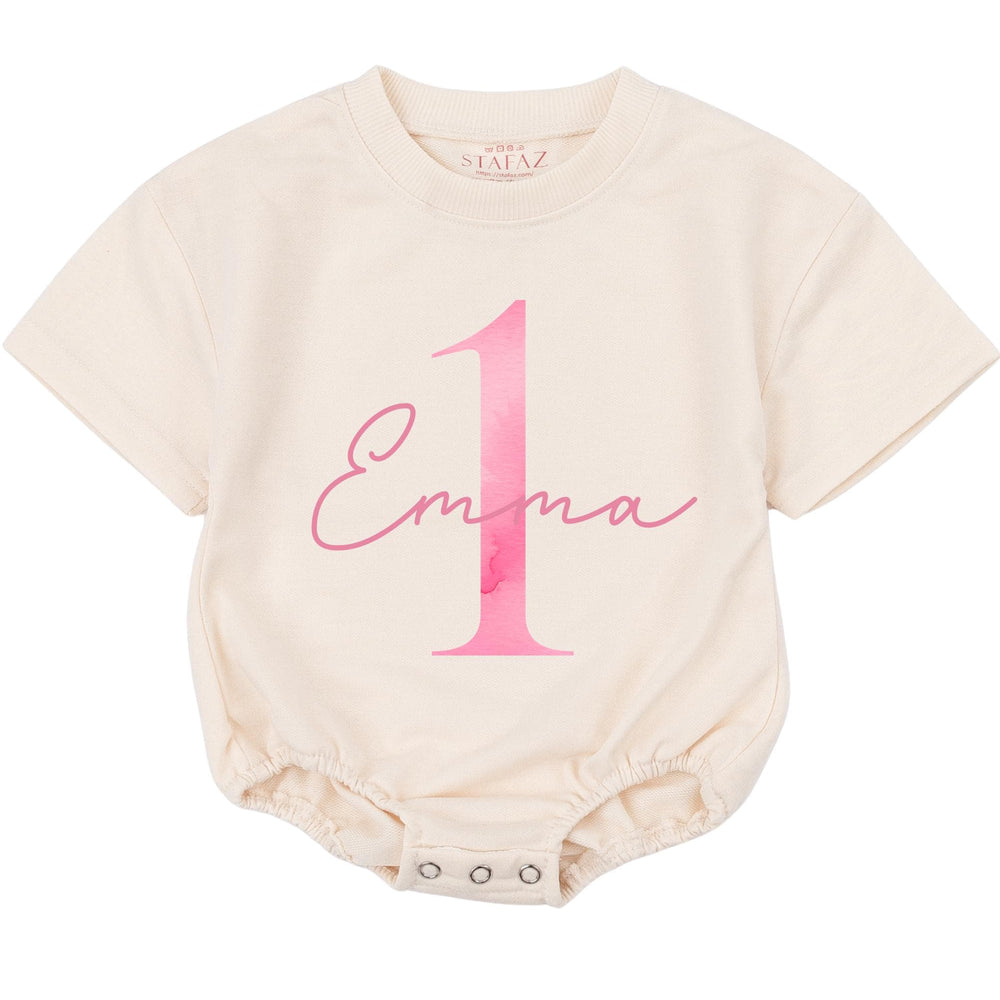 Personalized Baby Girl 1st Birthday Romper with Pink Watercolor Design, Soft Cotton One Year Outfit, Custom Name Gift for First Birthday