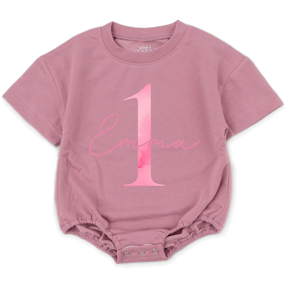 Personalized Baby Girl 1st Birthday Romper with Pink Watercolor Design, Soft Cotton One Year Outfit, Custom Name Gift for First Birthday