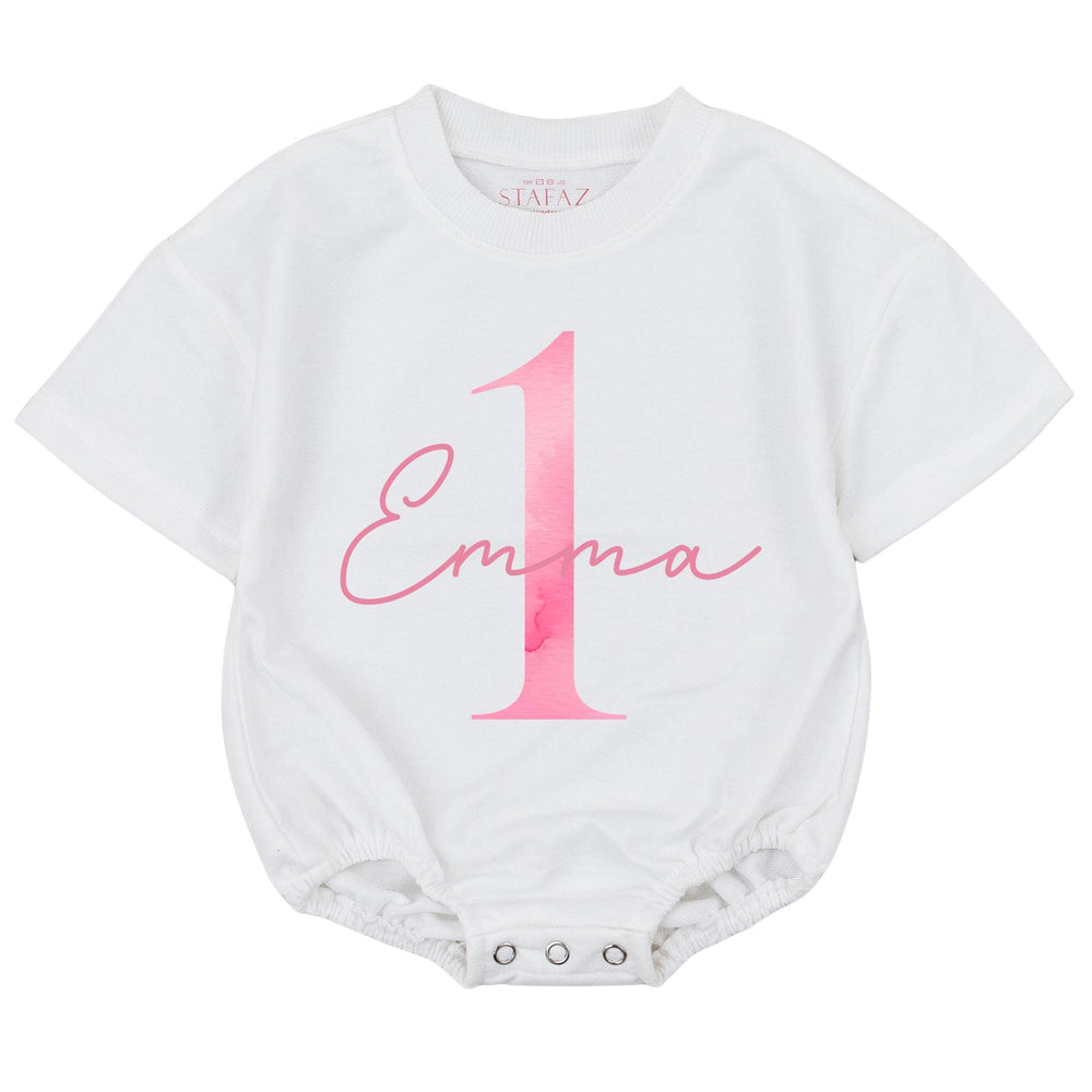 Personalized Baby Girl 1st Birthday Romper with Pink Watercolor Design, Soft Cotton One Year Outfit, Custom Name Gift for First Birthday