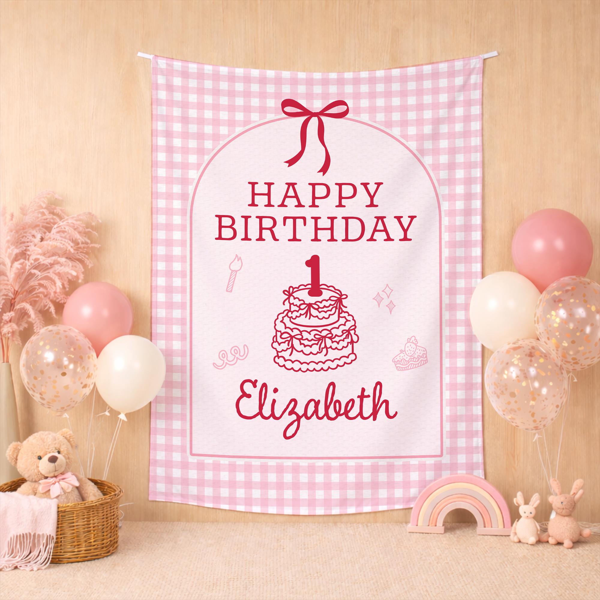 Personalized Baby Girl 1st Birthday Silk Banner Pink Gingham Party Decor with Bow and Cake Illustration Custom Name Wall Hanging