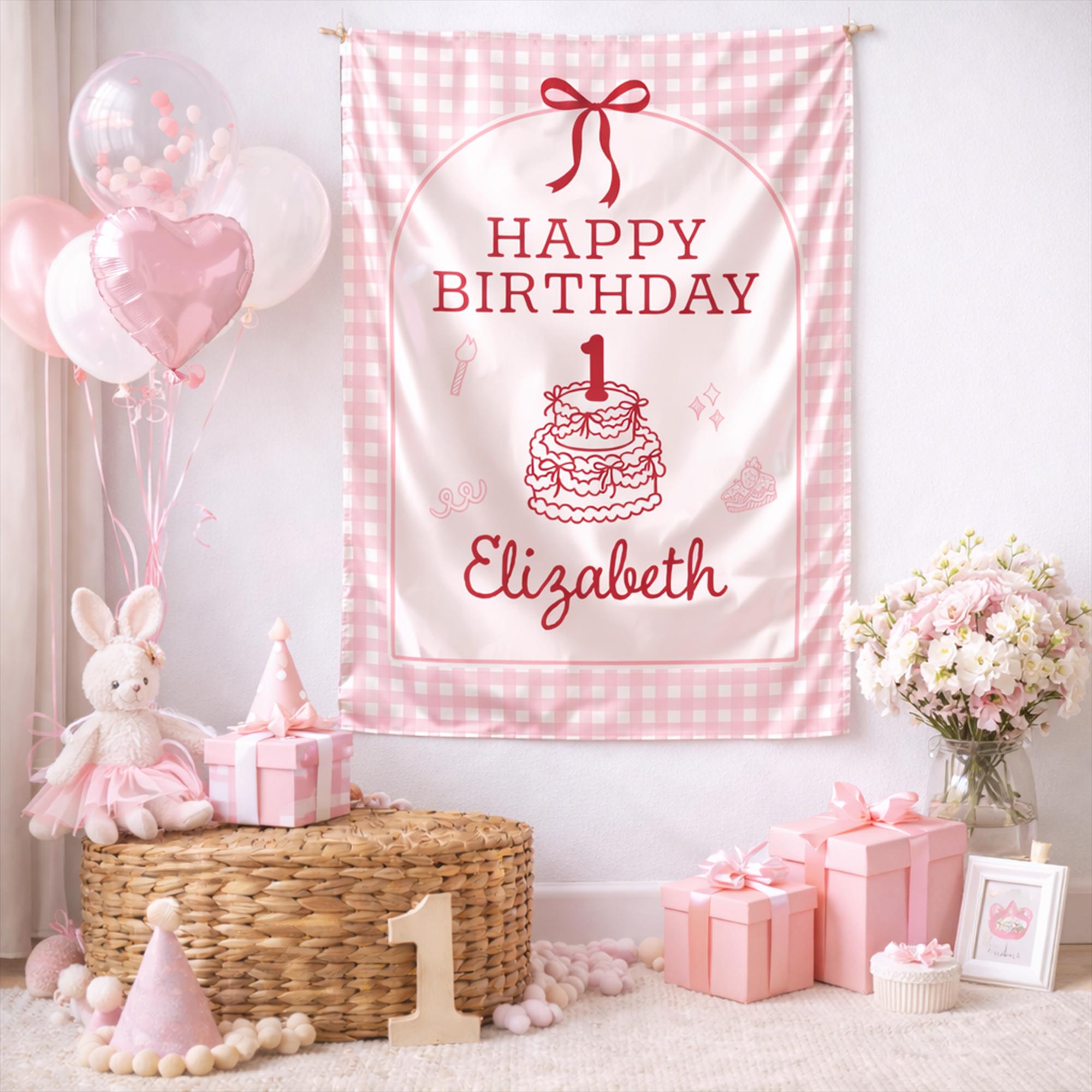 Personalized Baby Girl 1st Birthday Silk Banner Pink Gingham Party Decor with Bow and Cake Illustration Custom Name Wall Hanging