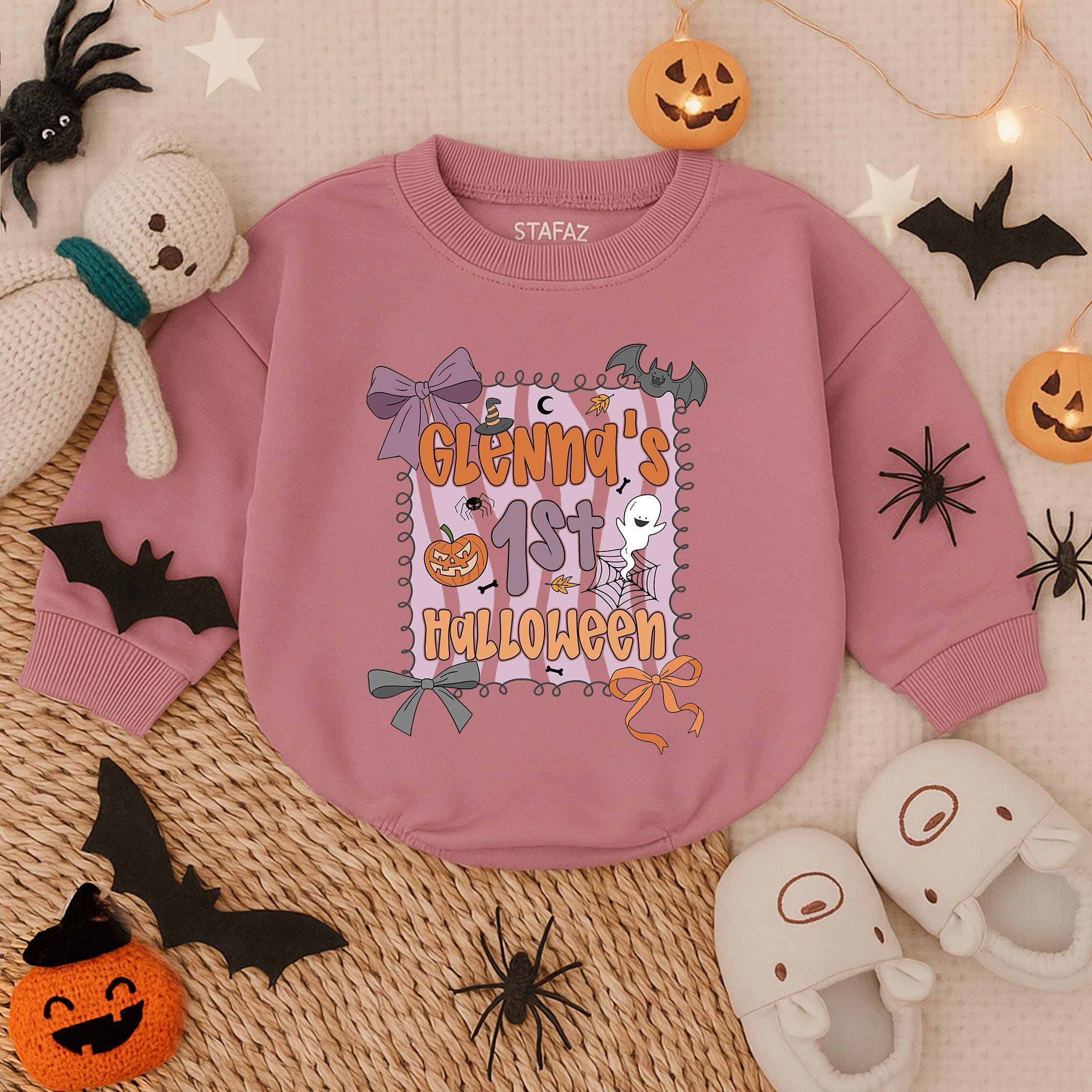 Personalized Baby Girl 1st Halloween Romper with Ghost Pumpkin Pastel Design Cute Infant Fall Outfit Customizable Name Soft Cotton