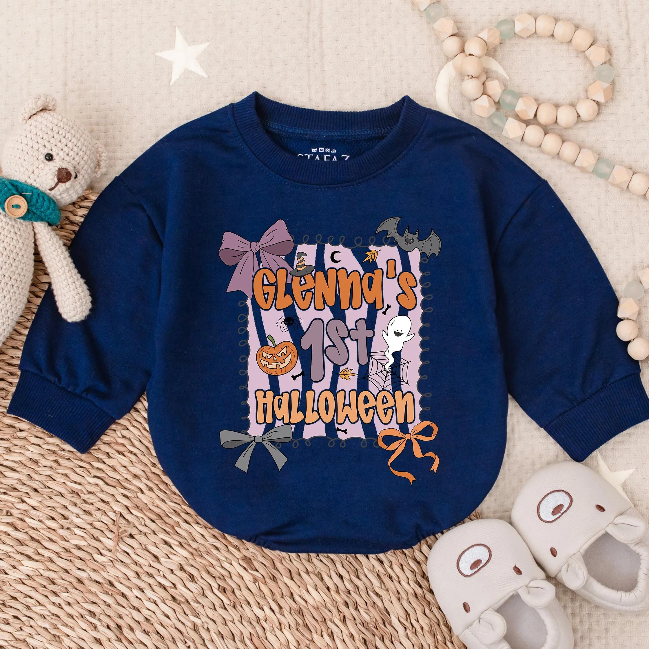 Personalized Baby Girl 1st Halloween Romper with Ghost Pumpkin Pastel Design Cute Infant Fall Outfit Customizable Name Soft Cotton