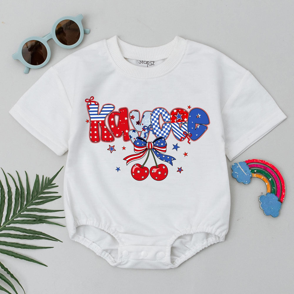 Personalized Baby Girl 4th of July Romper with Retro Cherry Bow Custom Name Patriotic Outfit Independence Day Gift for Infants and Toddlers