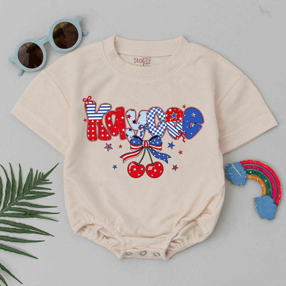 Personalized Baby Girl 4th of July Romper with Retro Cherry Bow Custom Name Patriotic Outfit Independence Day Gift for Infants and Toddlers